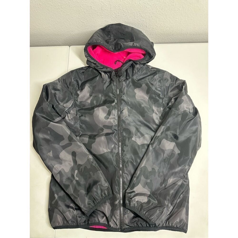 Madden Girl Women’s Camo Track Jacket Fleece Lined Hooded Black Pink Size S/P